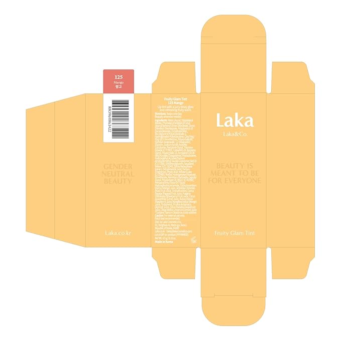 Laka Fruity Glam Tint, Glowing Lip Stain with Wide Color Spectrum, Hydrating & Lightweight Texture, Long-Lasting Bold Stain, Non-Sticky, Vegan, K-Beauty (#125 Mango, 4.5g/0.15oz)