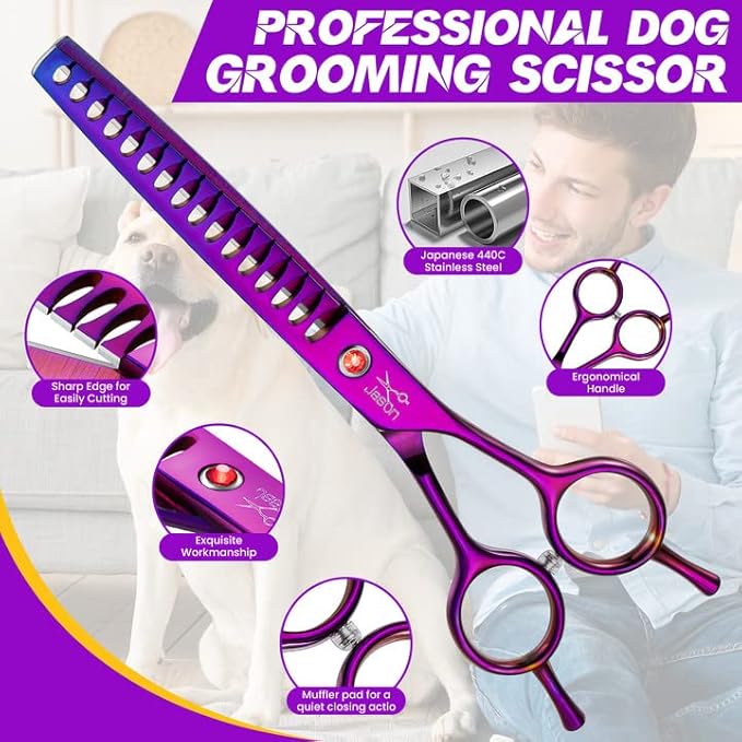 JASON 7.5" Dog Grooming Scissor - Professional Chunker Shear with Ergonomic Handle Japanese Stainless Steel Hair Scissor for Dogs, Cats and Other Pets, Sharp (Chunker, Purple) Christmas Gift