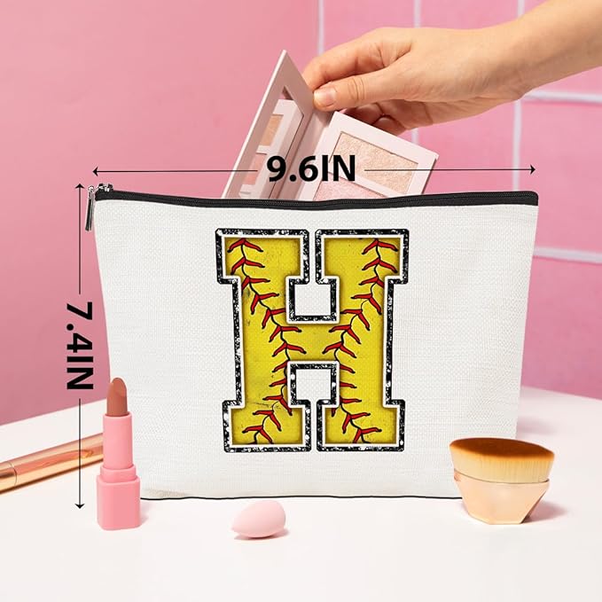 Softball Gifts Initial Makeup Bag Monogrammed Cosmetic Bag Letter H Zipper Pouch Softball Accessories for Girls Women Softball Player Coach Aunt Softball Stuff Graduation Birthday Gifts
