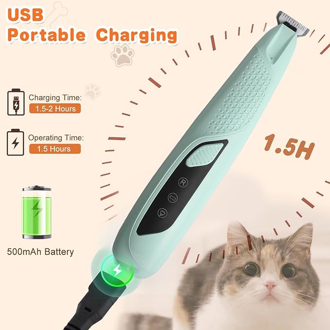 Professional Dog & Cat Trimmer - Quiet Electric Pet Grooming Kit for Ears/Eyes/Paws with LED Light - Cordless Battery-Powered Fur & Nail Clipper for Small/Large Breeds(Blue)