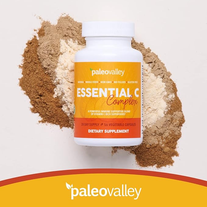 Paleovalley Essential C Complex - Vitamin C Supplement for Immune Support - 1 Pack, 450mg - Organic Superfoods Unripe Acerola Cherry, Camu Camu, Amla Berry - No Synthetic Ascorbic Acid - USA Made