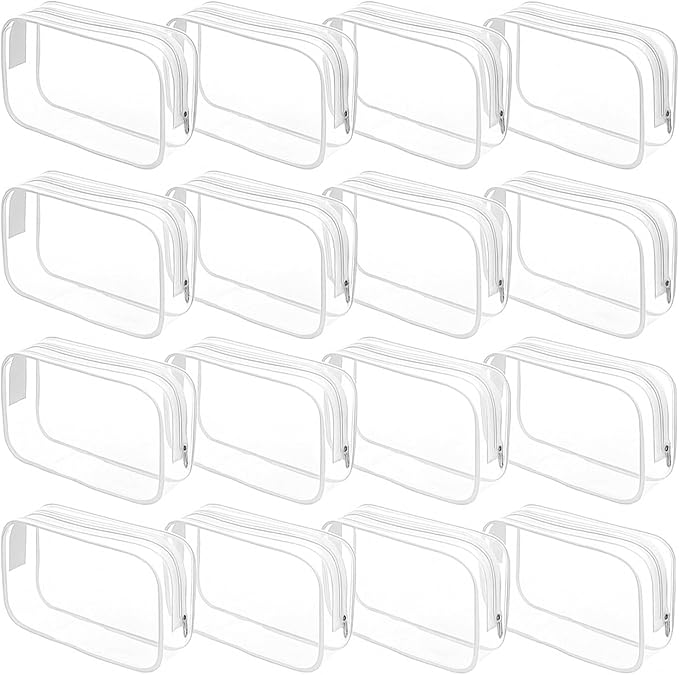 16 Packs Clear Makeup Bag - Waterproof Cosmetic Bag, Portable Travel Makeup Bag with Zipper for Men and Women (White)