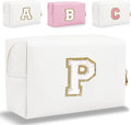 Small Personalized Letter Makeup Bag, Cute PU Leather Chenille Letters Cosmetic Bag Travel Makeup Pouch, Preppy Travel Organizer Zipper Pouch for Women&Girls（White-P）