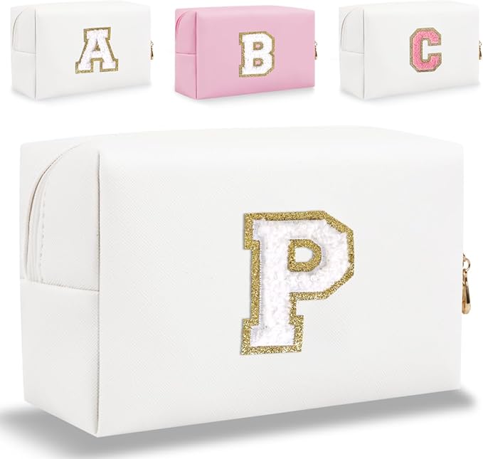 Small Personalized Letter Makeup Bag, Cute PU Leather Chenille Letters Cosmetic Bag Travel Makeup Pouch, Preppy Travel Organizer Zipper Pouch for Women&Girls（White-P）