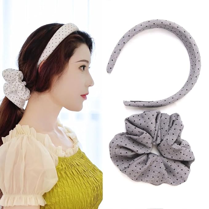 Headband and Scrunchie Set for Women 2Pack Hair Ties for Girls Elastics Bands Ponytail Holder Hair Accessories Grey Dot