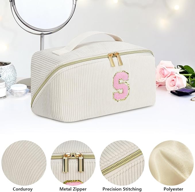 Personalized Initial Makeup Bag,Christmas Gifts for Girl,Preppy Bag Cosmetic Travel Bag Women,Travel Toiletry Organizer,Large Capacity Corduroy Stuff Bag,Cute Cosmetic Pouch Skincare Bag-X