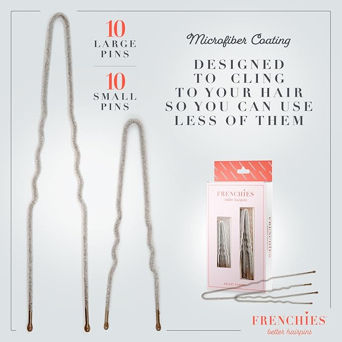 Frenchies French Twist Hair Pin, Ultra Flocked Extra Soft French Hair Pins for Women, Wedding, Updo Extensions, or Wig, 20 Count, Grey