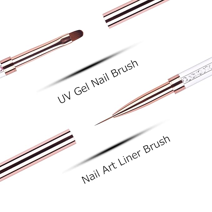 2Pcs Dual-ended UV Gel Nail Brush Set Rhinestone Handle Nail Art Design Brushes Professional Nail Tools Rose Gold
