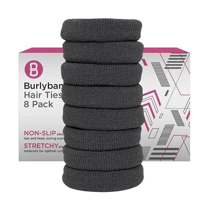 Burlybands Large Hair Ties for Thick, Heavy or Curly Hair - Non-Slip, Non-Damage, Seamless Women's Ponytail Scrunchies - Dk Gray, 8 Pcs