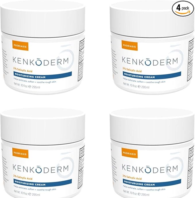 Kenkoderm Psoriasis Cream - Natural Moisturizing Face & Body Lotion with 2 Percent Salicylic Acid - Renewing Topical Formula for Dry & Sensitive Skin, Fragrance & Color Free, 10 oz., Pack of 4 Jars