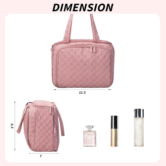 SUNRISING Travel Toiletry Bag for Women，Large Toiletry Bag for Women，Water-Resistant Puffy Cosmetic Makeup Bag Organizer with Handle for Travel Toiletries Skincare Accessories Essentials - Pink