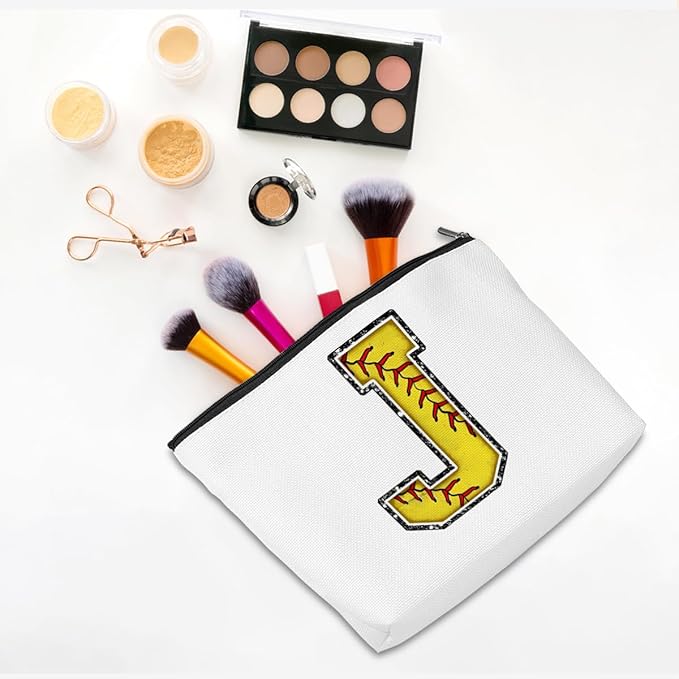 Initial Makeup Bag Monogrammed Cosmetic Bag Letter J Zipper Pouch Softball Accessories for Girls Women Player Coach Friend Graduation Birthday Gifts