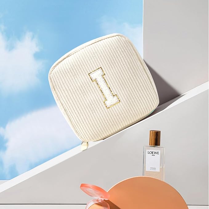 LETGO Birthday Gifts for Women Small Personalized Initial Monogram Makeup Bag,Preppy Corduroy Makeup Bags Travel Toiletry Bag Cute Pouch Purse for Her Mom Girlfriend Wife Sister Teacher Bridesmaid