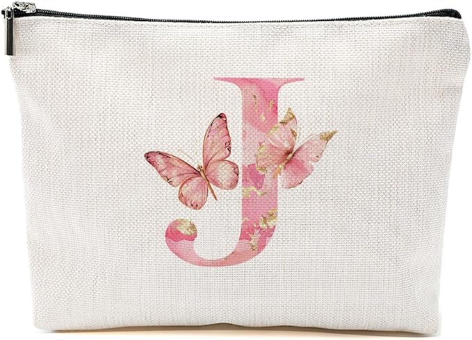 Initial Makeup Bag Pink Butterfly J Personalized Cosmetic Bag Monogrammed Gifts for Women Girls Bride Friends Monogram Zipper Pouch for Friendship Mothers Day Birthday Wedding Bridal Shower Gifts