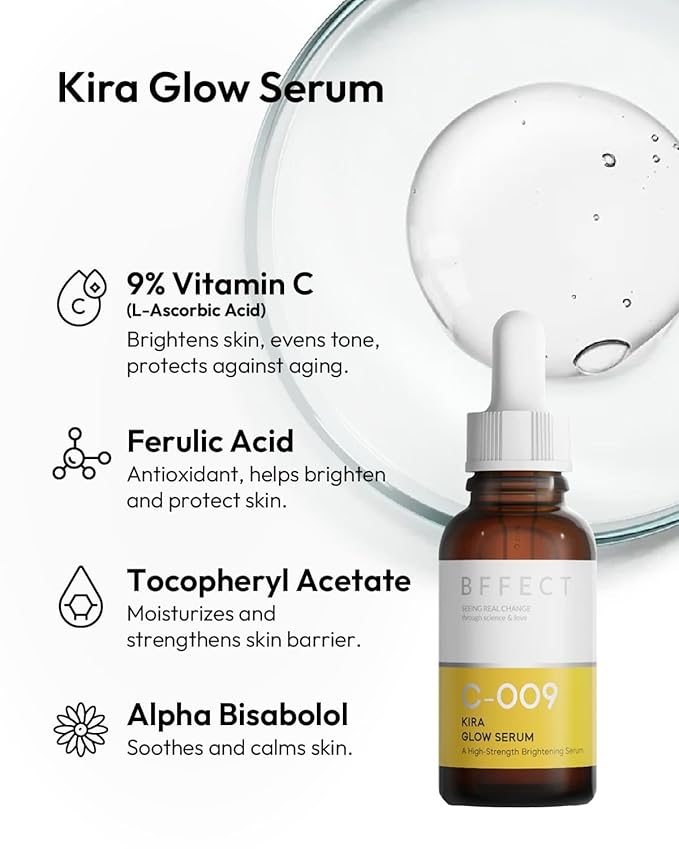 Kira Glow Serum Vitamin C 9% + Ferulic Acid, High-Potency L-Ascorbic Acid Serum for Face, Brightens & Fades Dark Spots, 1 Fl Oz