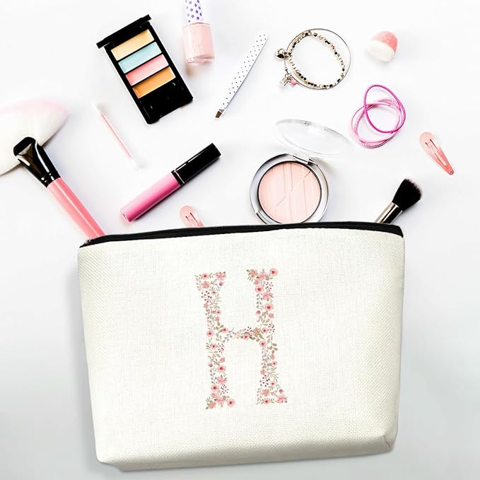 Initial Makeup Bag Floral H Personalized Cosmetic Bag Monogrammed Gifts for Women Girls Bride Mom Monogram Zipper Pouch for Teacher Appreciation Mothers Day Birthday Wedding Bridal Shower Gifts