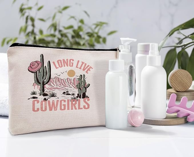 Long Live Cowgirls Cosmetic Bag, Pink Retro Western Cowgirl Hat Desert Cactus Makeup Bag Zipper Cosmetic Pouch Bag Travel Linen Makeup Organizer, Preppy Gifts for Teen Girls Women Cowgirls