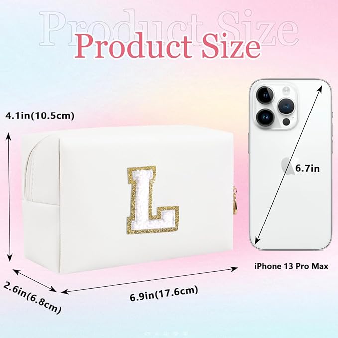Small Personalized Letter Makeup Bag, Cute PU Leather Chenille Letters Cosmetic Bag Travel Makeup Pouch, Preppy Travel Organizer Zipper Pouch for Women&Girls（White-L）