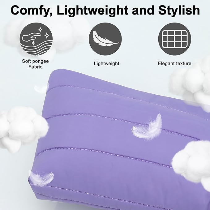 DOB SECHS Striped Quilted Makeup Bag with Wristlet Strap Cute Puffy Cotton Cosmetic Bag for Women, Small Puffer Toiletry Zipper Make Up Pouch, Quilt Clutch Bag Travel Organizer Storage Pouches, Purple