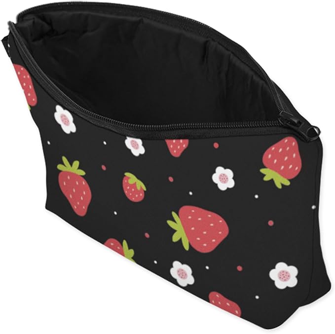 Cute Travel Makeup Bag Cosmetic Bag Small Pouch Gift for Women (Strawberry Black)