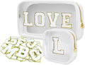 Personalized Travel Makeup Bag Set, 2PCS Toiletry Bag & 26 Chenille Letters, Elegant Skincare Bag, DIY Bridal Shower Gifts for Engagement Wedding (White)