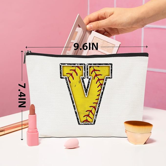 Initial Makeup Bag Monogrammed Cosmetic Bag Letter V Zipper Pouch Softball Accessories for Girls Women Player Coach Friend Graduation Birthday Gifts
