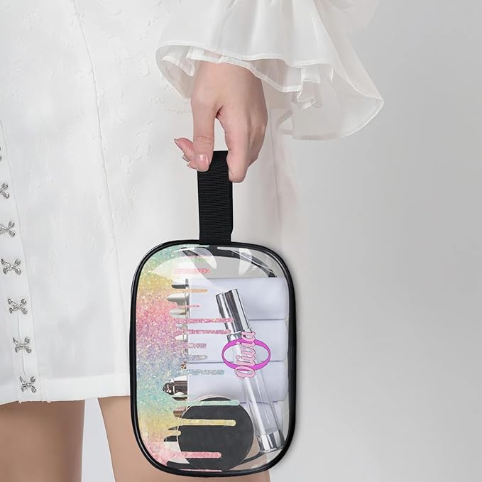 Personalized Name Makeup Bag, Custom Women Transparent PVC Cosmetic Travel Toiletry Bag Pouch Organizer for Vacation Weekend Colorful Rainbow Sequins Water Fluid Shape