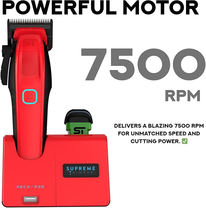 Supreme Trimmer Recharge Clipper - Professional Hair Clipper with 2 Removable Batteries, Brushless Motor, Smart Charge Stand, USB-C Charge & DLC Blades Barbers | STC779