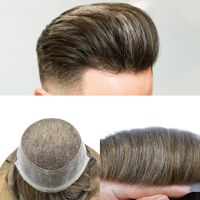 Mens Toupee Human Hair Piece French Lace Toupee for Man Hair System Indian Human Hair Replacement Systems V-Looped PU Front Hairpieces 8"X10" #550 5# MEDIUM LIGHT BROWN WITH 50% SYNTHETIC GREY