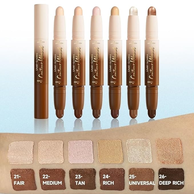 evpct Black Cocoa & Bronzer Shimmer Cream Contour Stick Face Body Makeup Dual Ended, no Transfer Waterproof 2 in 1 Cream Concealer Stick Contouring Makeup, Nose Contour Bronzer Sticks Face Highlighter