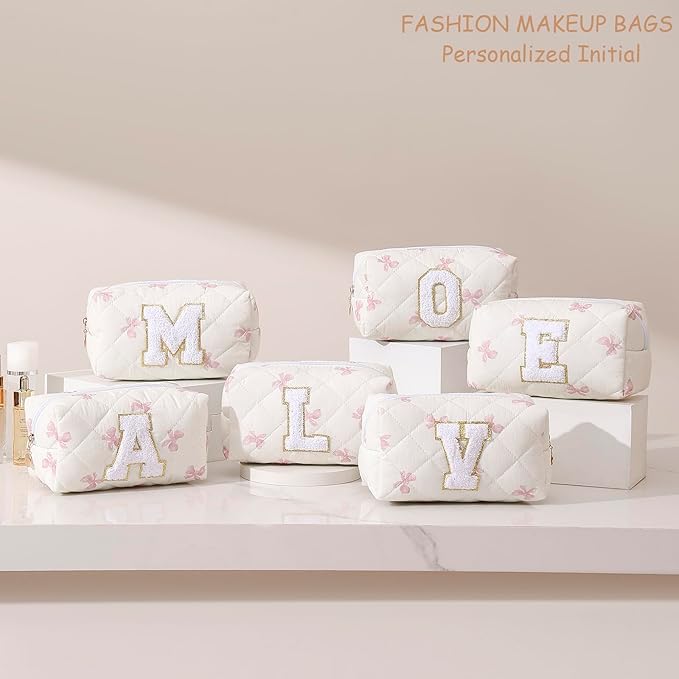 Gleyemor Personalized Initial Makeup Bag for Women, Cute Quilted Pink Floral Cotton Cosmetic Bag, Christmas Gifts for Her Mom Friend Sister Bridesmaid Teacher Women X