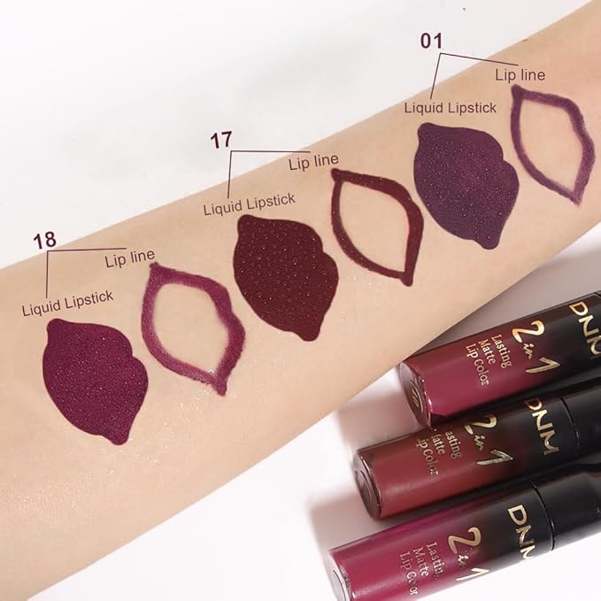 3Pcs 2 in 1 Dark Deep Red Purple Plum Black Cherry Lip Liner and Liquid Lipstick Stain Makeup Set for women, Long Lasting Smudge Proof Lip Tint Matte Finish Lip Gloss for All-Day Color Hold , Set11