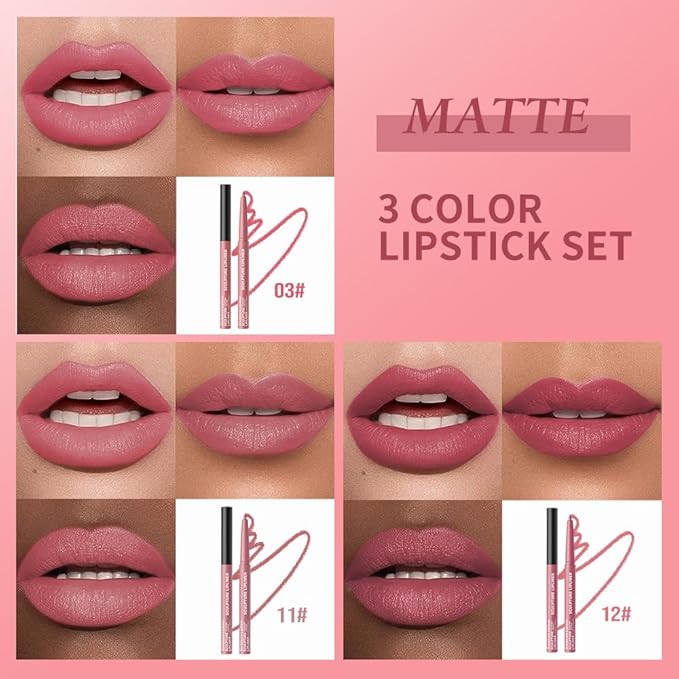 12 Colors Matte Lip Liner Pencil – Long Lasting Waterproof Lip Liner, Smudge Proof Transfer Proof Lip Pencil, High Pigment Lip Makeup for Defining & Filling Lips (A2-set:03+11+12, 3PCS)