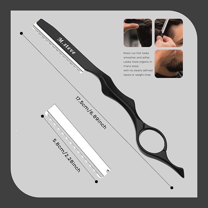 Hair Razors For Cutting Hair 6.89",Professional Hair Styling Thinning Texturizing Cutting Razor with Replacement Hair Razor Blades,Ideal for Salon/Home -11PCS Black