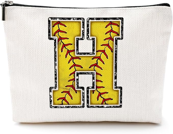 Softball Gifts Initial Makeup Bag Monogrammed Cosmetic Bag Letter H Zipper Pouch Softball Accessories for Girls Women Softball Player Coach Aunt Softball Stuff Graduation Birthday Gifts