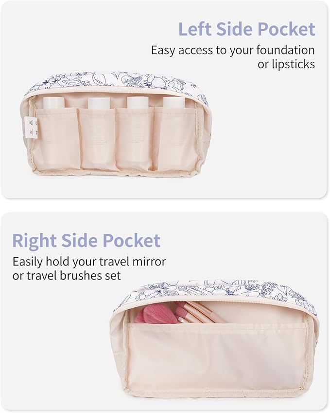 Narwey Cute Makeup Bag Small Toiletry Bag Travel Cosmetic Bag Organizer Make Up Bags with Organized Pockets for Women (Navy Blue Flower, Large)