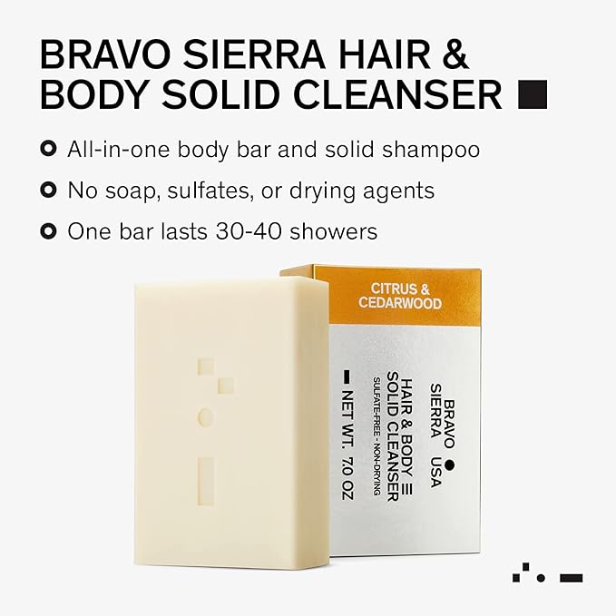 Bravo Sierra All-In-One Shampoo & Face Soap Bar - Citrus & Cedarwood, Coconut, Shea Butter and Oat Flour for Soft Skin and Healthy Hair, 7 oz