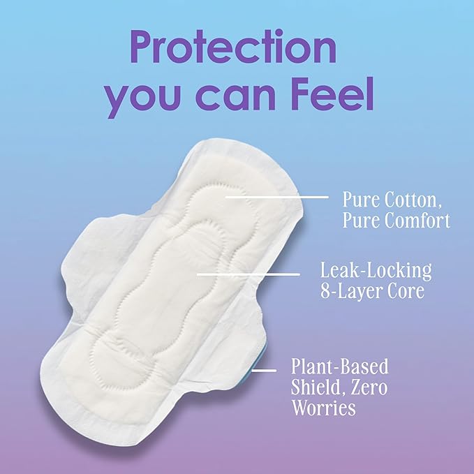 August Regular Cotton Menstrual Pads, 36-Pack Ultra Thin Pads with Wings, Hypoallergenic Sanitary Napkins with Organic Cotton Topsheet, Compostable Wrappers, Toxin Free, Fragrance Free