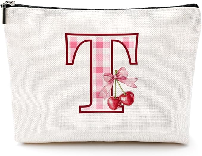Initial Makeup Bag Monogram Cosmetic Bag Monogrammed Gifts for Women Girls Friends Coworker Auntie Personalized Travel Toiletry Bag Christmas Bridal Shower Wedding Bridesmaid Gifts, Cherry T