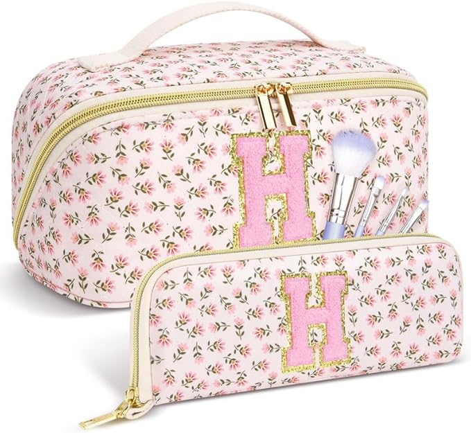 Personalized Travel Makeup Bag Set,Initial Travel Cute Floral Makeup Organizer Bag,Toiletry Skincare Cosmetic Bag,Christmas Gifts for Women/Girls,Open Flat Toiletry Pouch with Brush Pocket-H