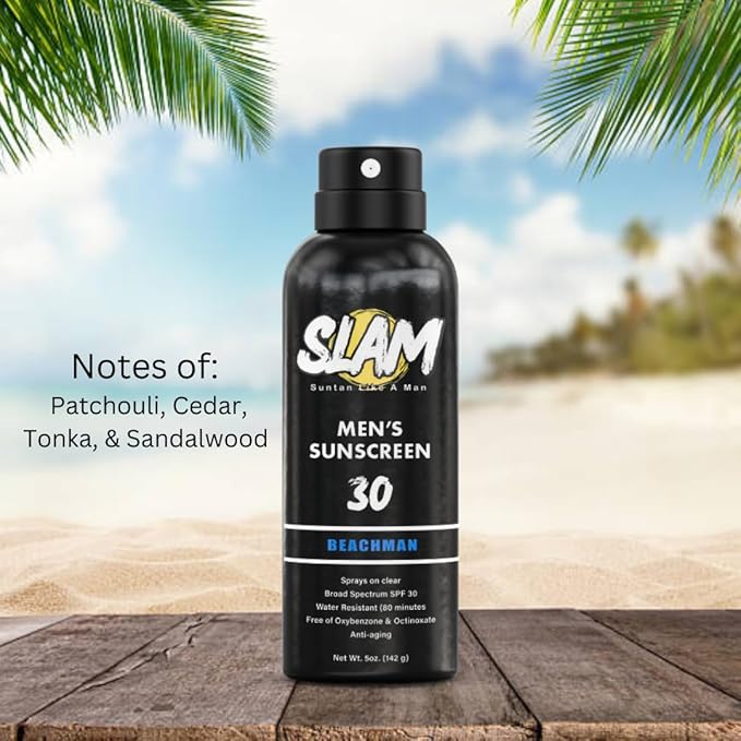 SLAM BeachMan Men's Scented Sunscreen Spray SPF 30 – Broad Spectrum Sun Screen for Face & Body, Water & Sweat Resistant Spray Sunscreen SPF 30, UVA/UVB Protection, Mens Sunblock