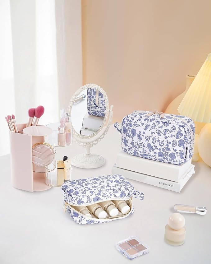 Narwey Cute Makeup Bag Small Toiletry Bag Travel Cosmetic Bag Organizer Make Up Bags with Organized Pockets for Women (Little Grayish Blue Flower, Large)