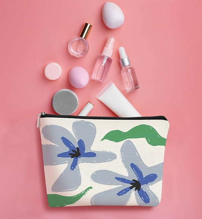 Floral Makeup Organizer, Blue Flower Cosmetic Bag, Small Makeup Bag for Women & Girls, Gifts