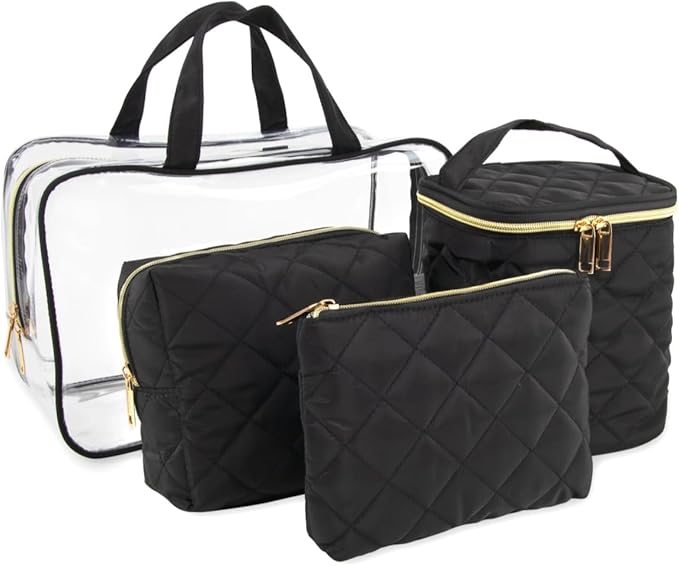 4-Piece Quilted Makeup Bag Gift Set, with Clear Cosmetic Travel Case, Water Resistant, Gold Zippers, Black