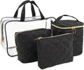 4-Piece Quilted Makeup Bag Gift Set, with Clear Cosmetic Travel Case, Water Resistant, Gold Zippers, Black