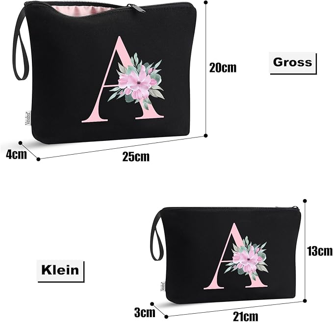 Vavabox A-Z Personalized Makeup Bag, Birthday Gifts for Women Mom, Gifts for Best Friend, Bride Bridesmaid Cosmetic bag (C, 04-Black Set)