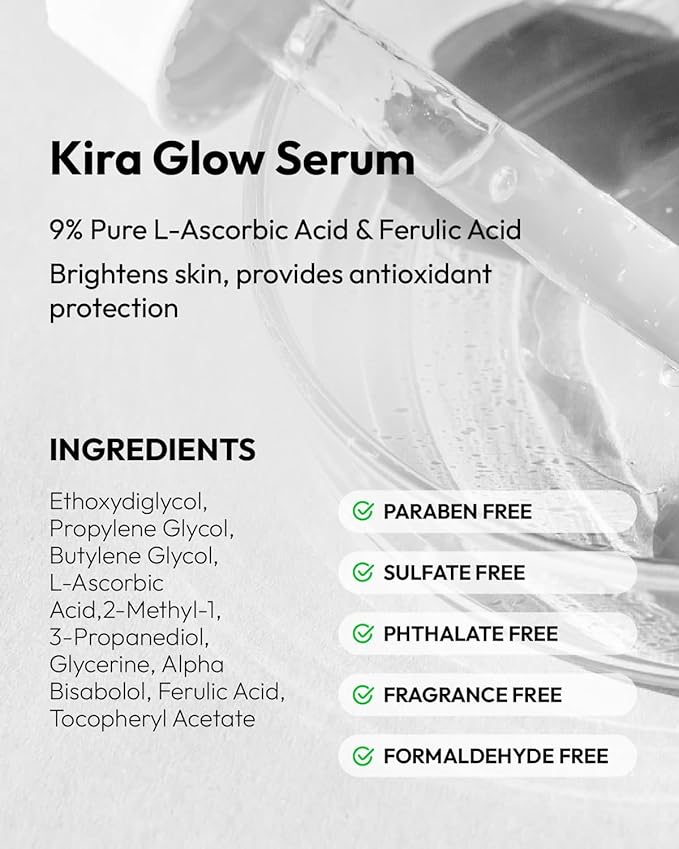 Kira Glow Serum Vitamin C 9% + Ferulic Acid, High-Potency L-Ascorbic Acid Serum for Face, Brightens & Fades Dark Spots, 1 Fl Oz