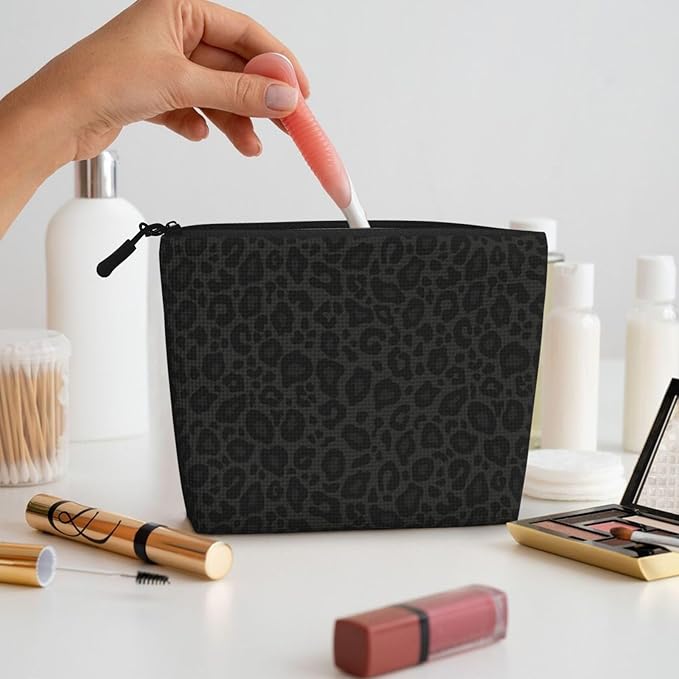 MOLAIGIN Black Grey Leopard Cosmetic Bag For Women, Travel Makeup Bag, Toiletry Zipper Bag, Large Capacity Aesthetic Cases