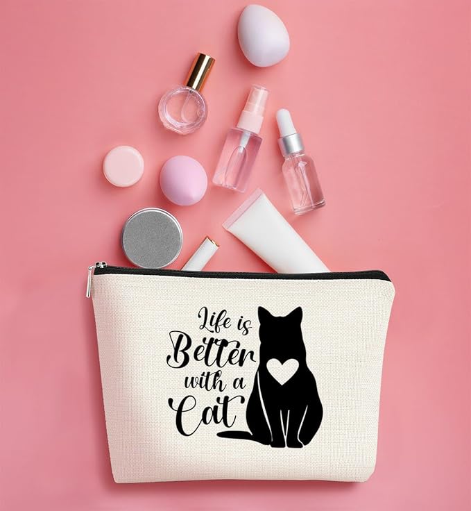 Cat Mom Gifts: Makeup Bag for Women, Perfect for Birthday or Valentine's Day, Life's Better with Cats