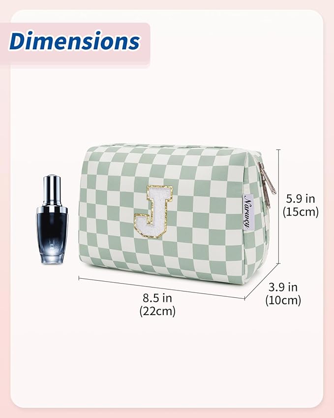 Narwey Birthday Gifts for Teen Girls Women Personalized Initial Checkered Makeup Bag Preppy Cosmetic Bag Trendy Stuff 6 8 10 11 12 13 14 16 18 Years Old Travel Toiletry Bag (Green Letter J)